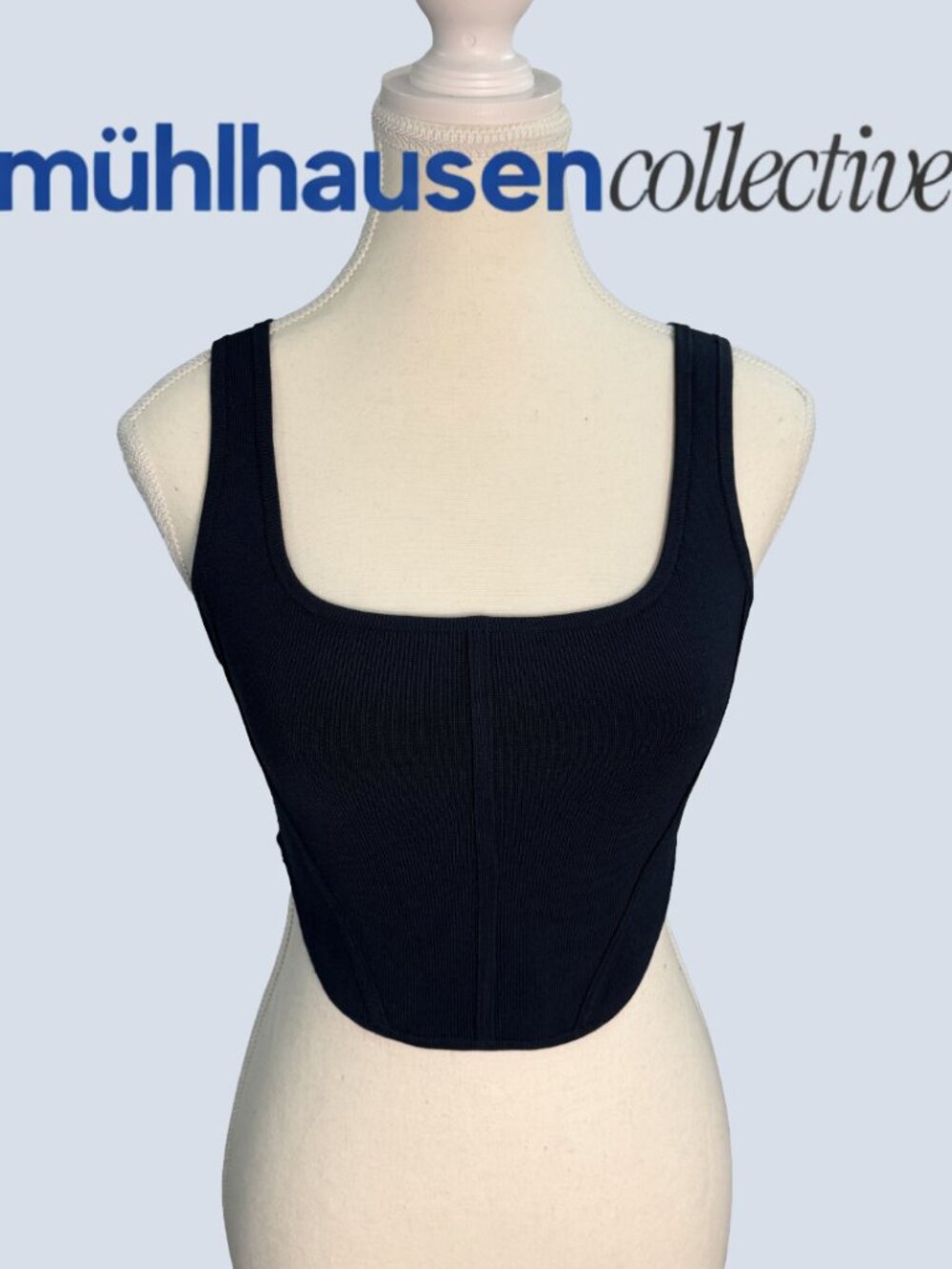 Babaton Navy Blue Ribbed Square-Neck Boned Crop Tank